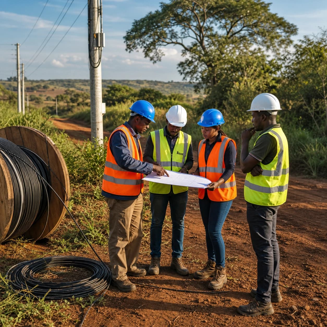 Field engineers coordinating fibre optic connectivity infrastructure